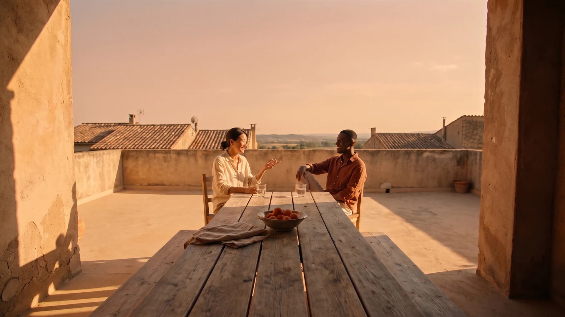 An Asian woman and a Black man share a quiet conversation across a terrace table in golden evening light