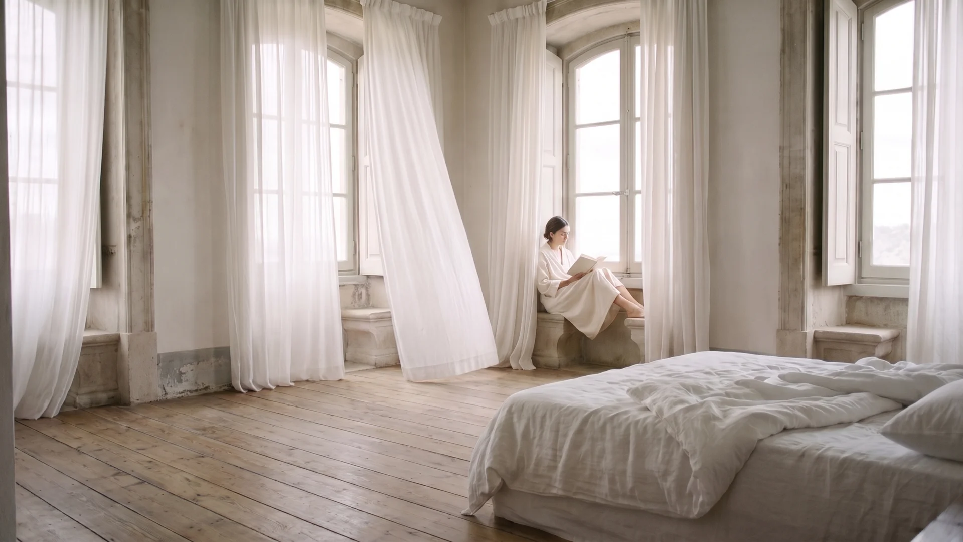 Hilda reads by tall windows in a light-filled room with soft white linen