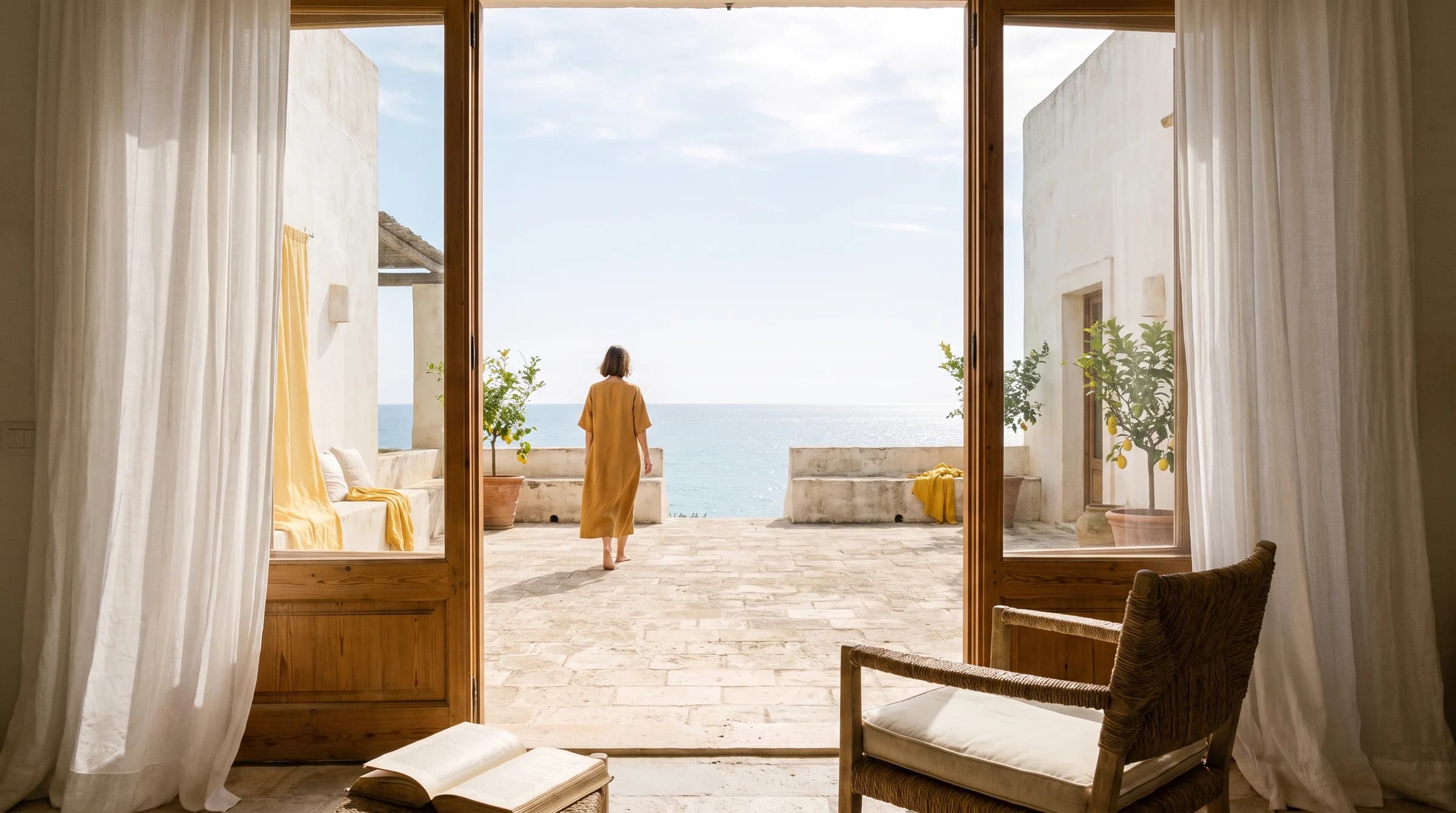 A woman steps onto a sunlit seaside terrace, viewed through open doors and flowing curtains