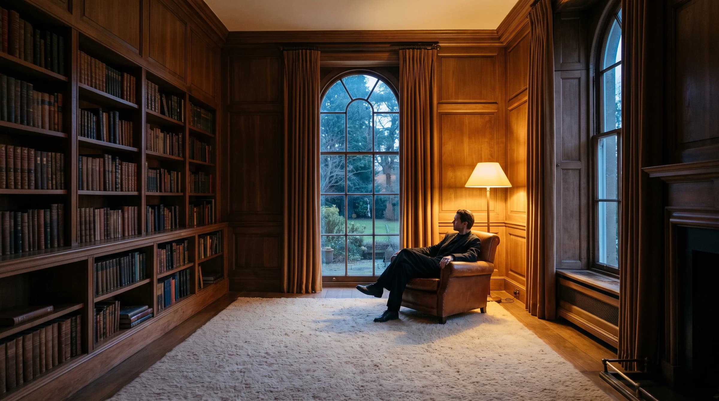 A person sits in a leather chair inside a spacious timber-lined library as evening arrives