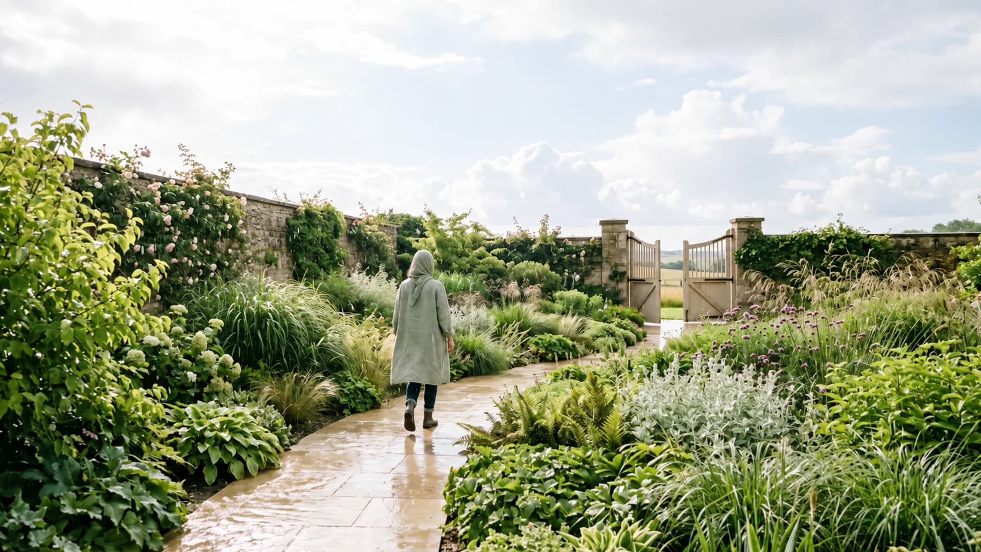 A woman in a sage coat and light headscarf walks along a rain-washed stone path through a bright green garden toward an open gate