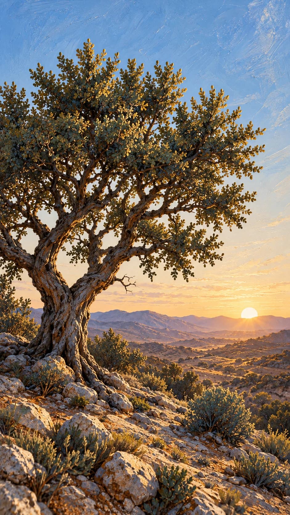 An illustrated argan tree at dawn in a rocky Moroccan landscape