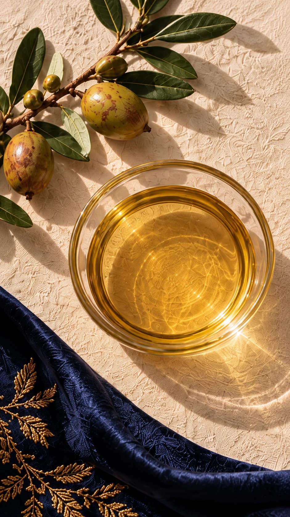 ROOTED still life of golden argan oil, fruit and leaves