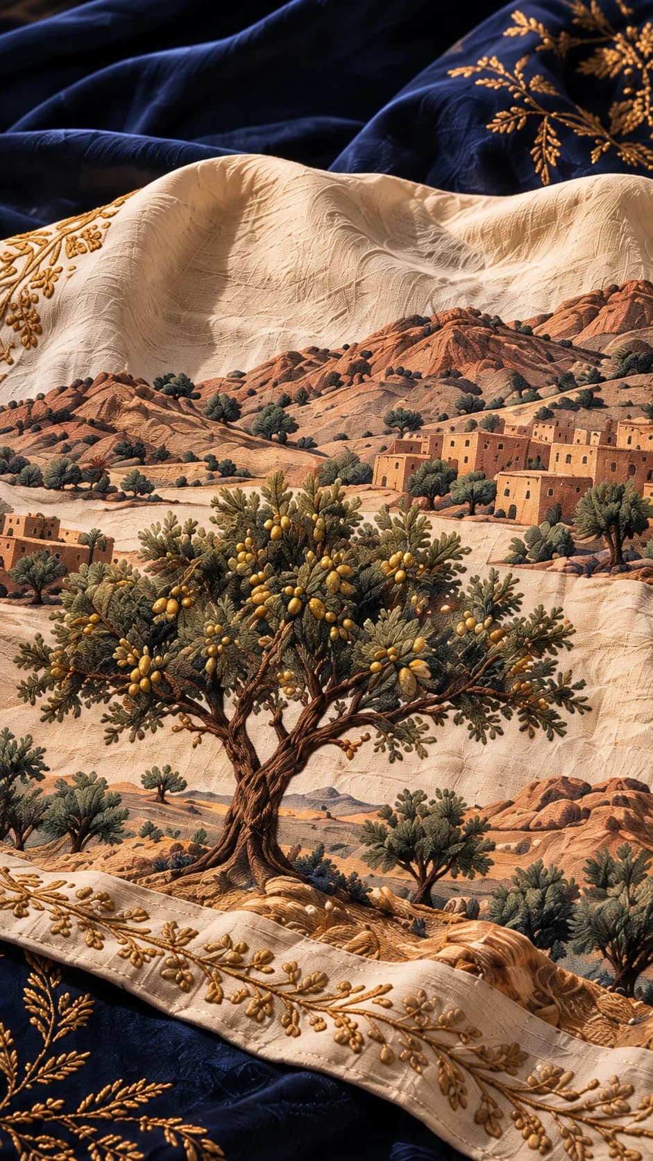 An ELIXYR ROOTED illustration of an argan landscape worked into cream and deep blue fabric