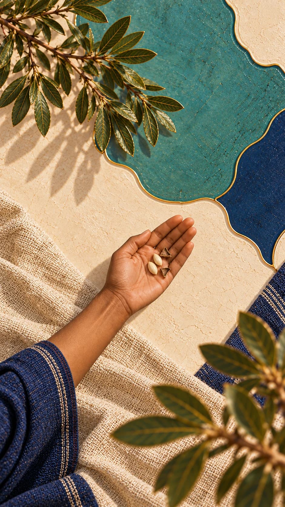 ROOTED illustration of two pale argan kernels resting in an open palm