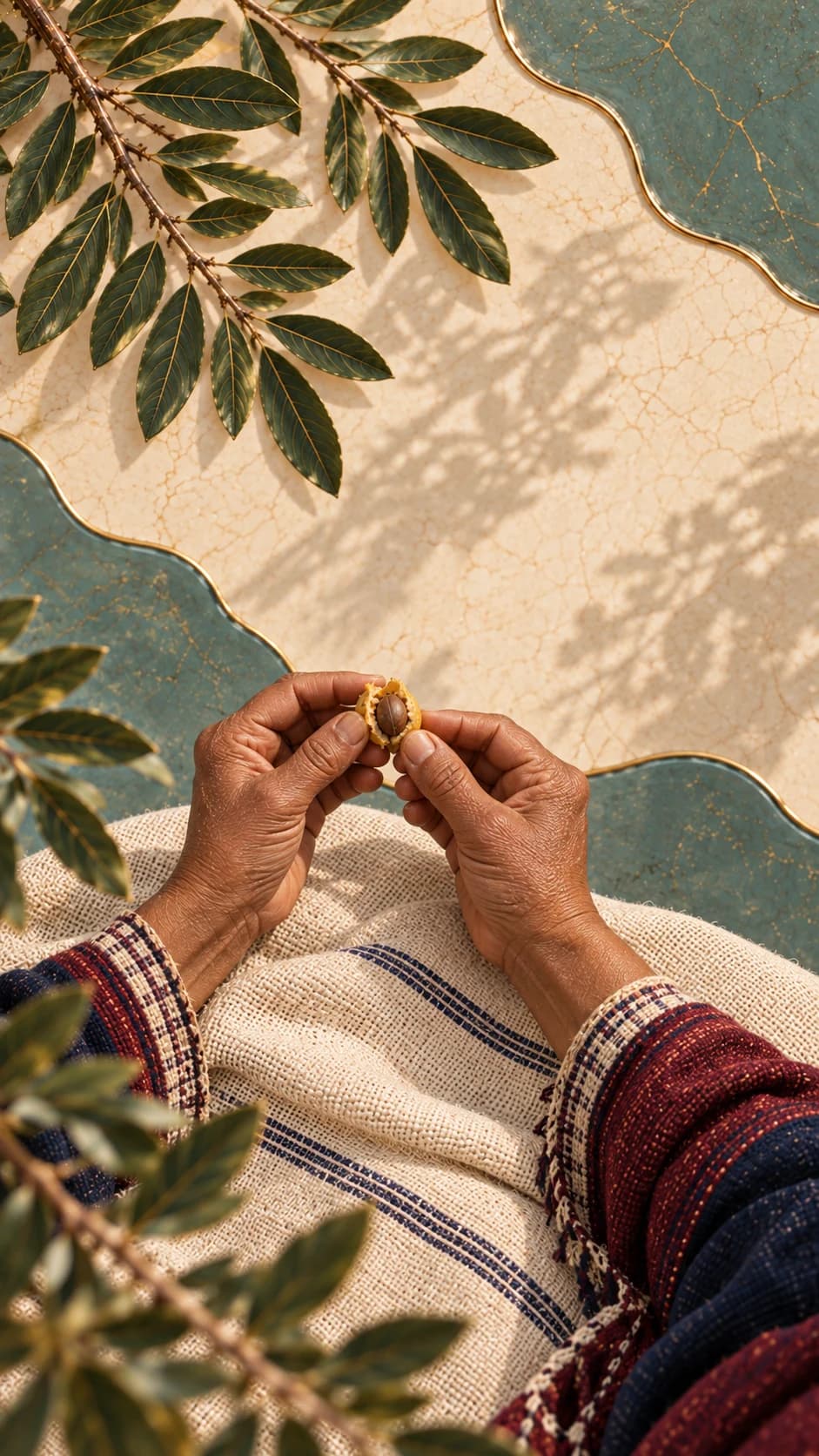 ROOTED illustration of hands opening an argan fruit to reveal the stone