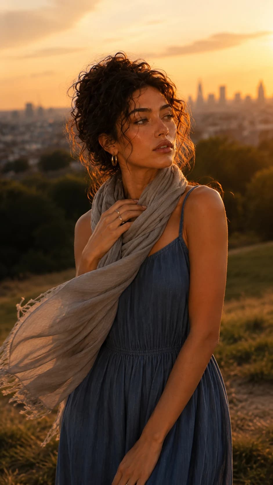 Liah, an ELIXYR brand character, in warm evening light above a city skyline