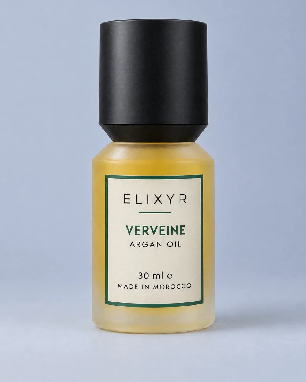 ELIXYR Verveine 30ml fragranced argan oil in frosted glass, with its matte black cap on