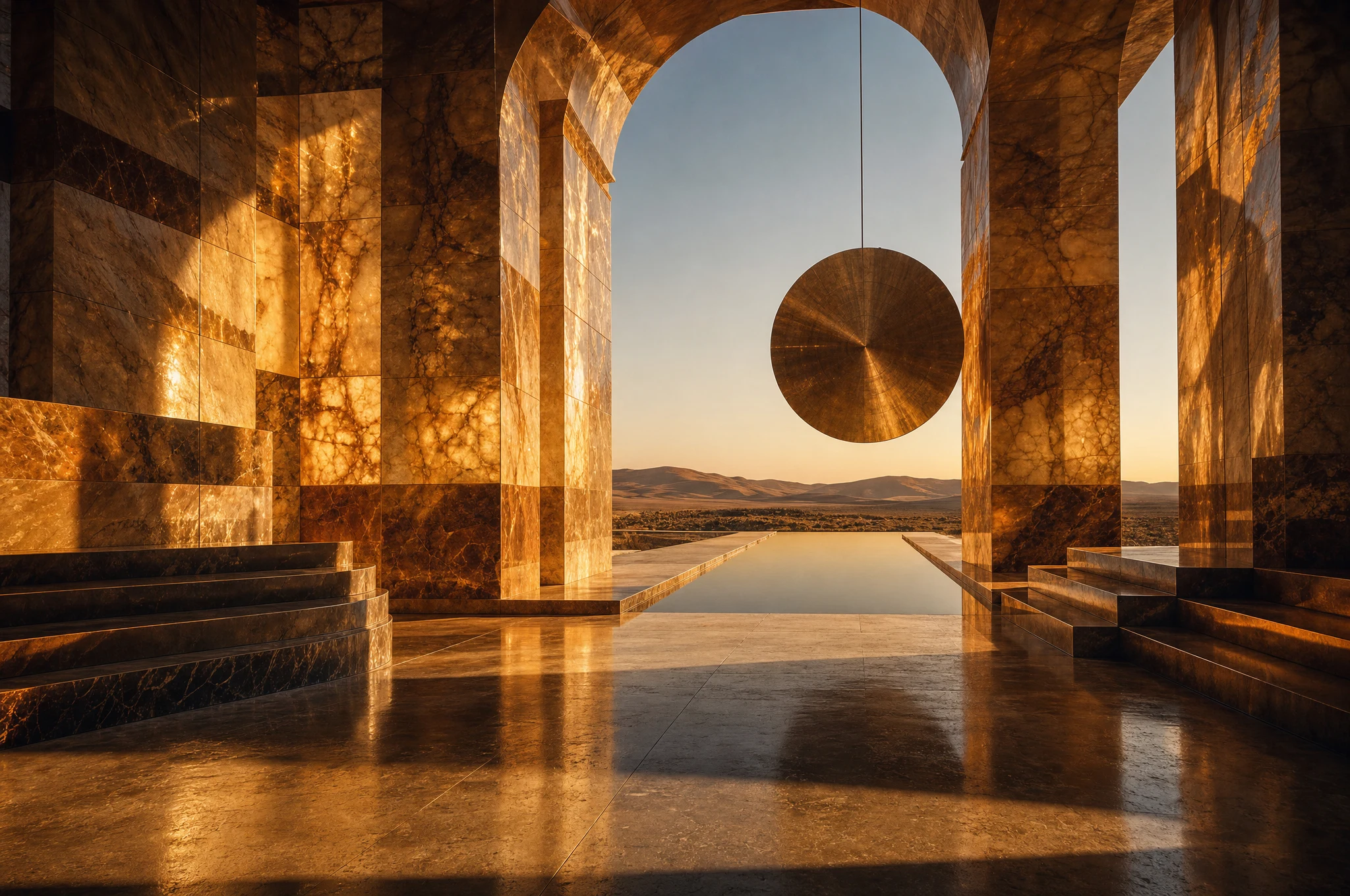 The Amber Vault, a golden architectural world with a suspended gold disc